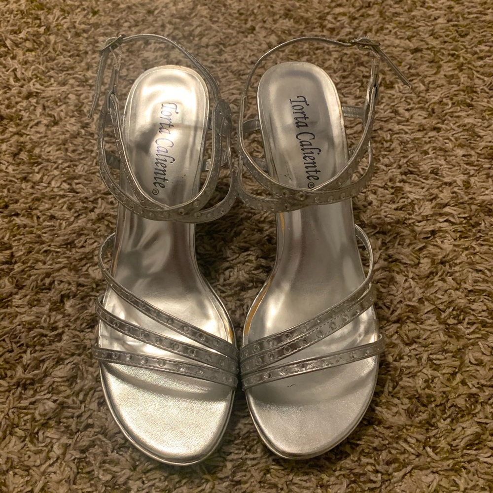 Silver heels with studded straps